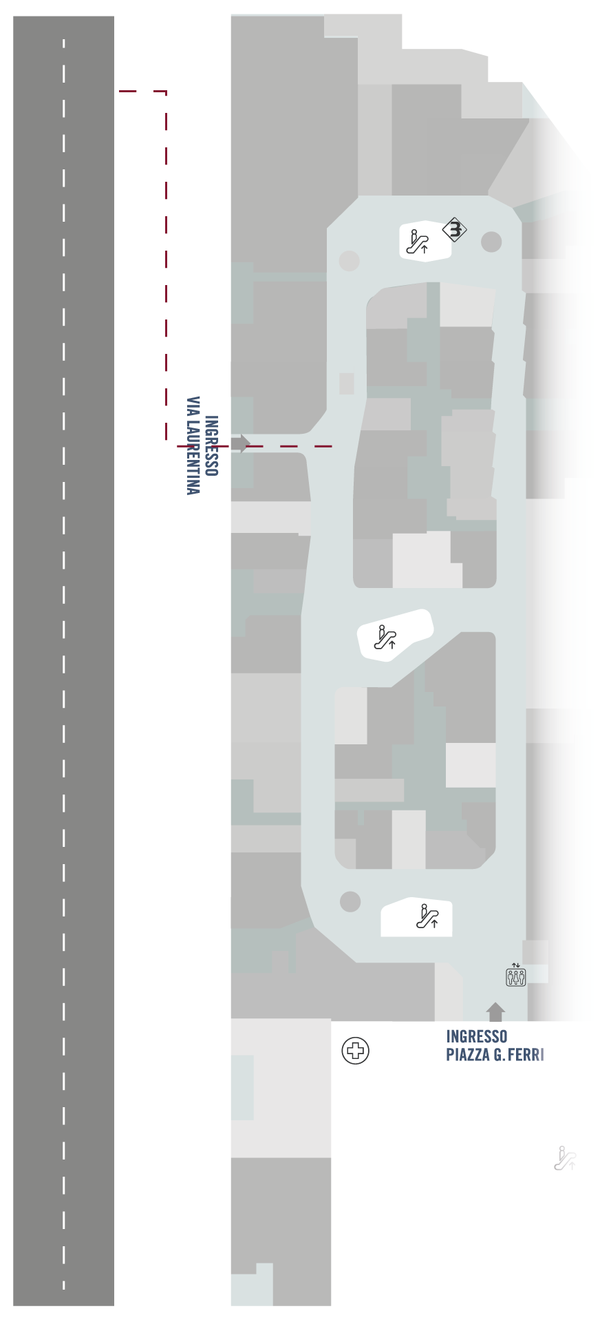 Mappa del centro con il percorso a piedi dall'Ingresso Via Laurentina alla fermata dell'autobus